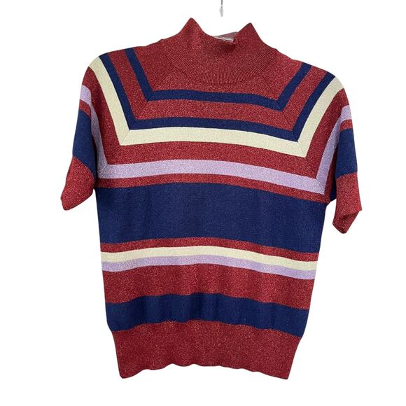 Zara Red Navy Striped Metallic Knit High Mock Neck Short Sleeve Sweater Size S - Picture 3 of 8